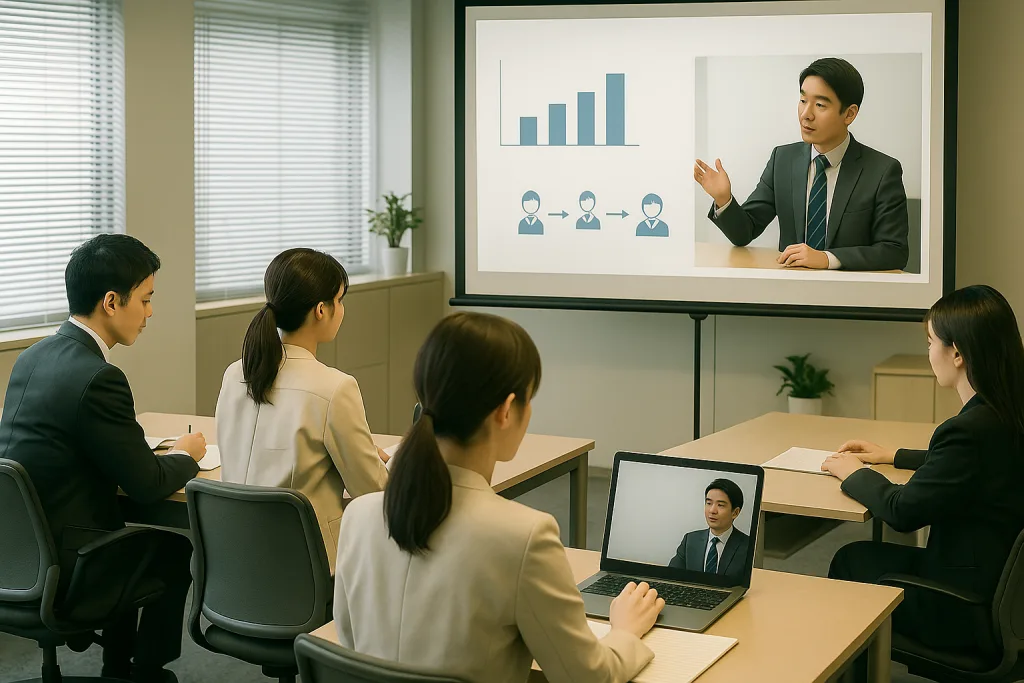 社員がプレゼン動画を視聴しているシーン(業務共有・研修用途)