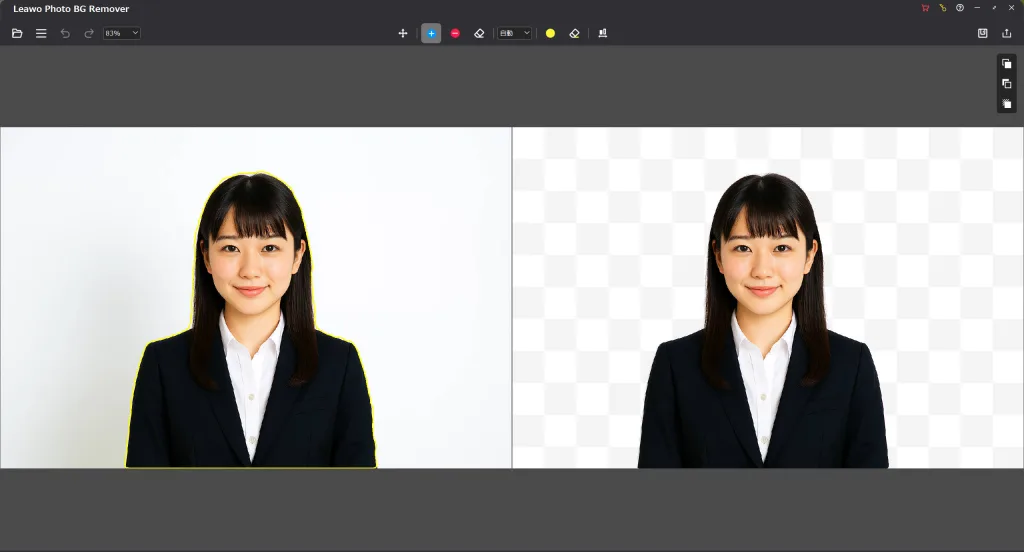 AIが証明写真の背景を自動で切り抜き、髪の毛まで滑らかに処理するLeawo PhotoIns画面