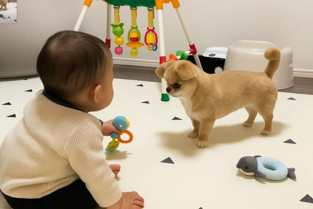 赤ちゃんと子犬が遊んでいる様子。大切な思い出をUHDブルーレイに残すイメージ写真
