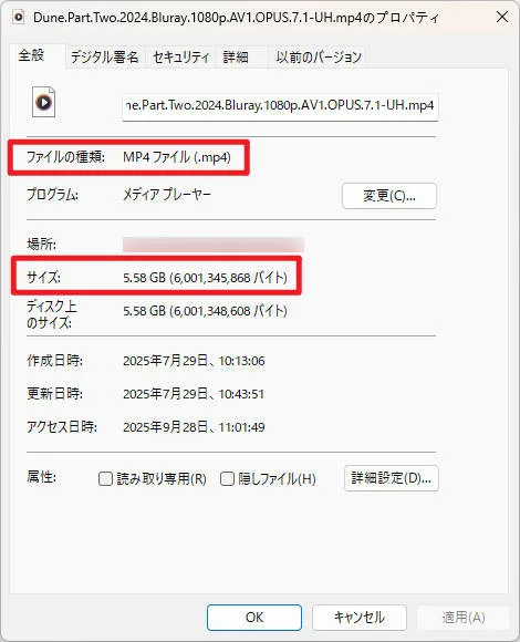 Windowsで動画ファイルのプロパティを開き、ファイルサイズや形式を確認する。