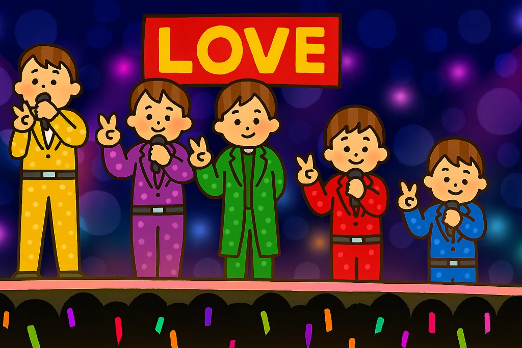 アイドルのライブでペンライトを振るファンがいる観客席のイラスト