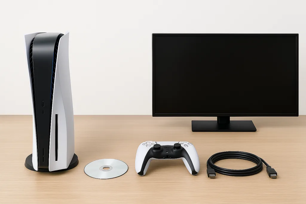 PS5本体、DualSenseコントローラー、ブルーレイディスク