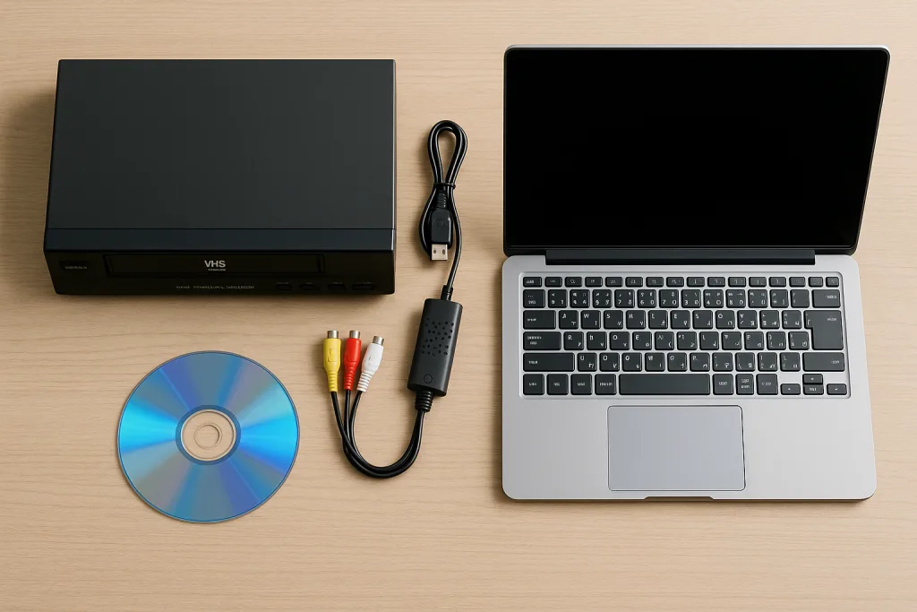 VHSのデータ化に必要な機材一覧。テーブルの上にビデオデッキ、ビデオキャプチャー、パソコン、Blu-rayディスクが並んでいる