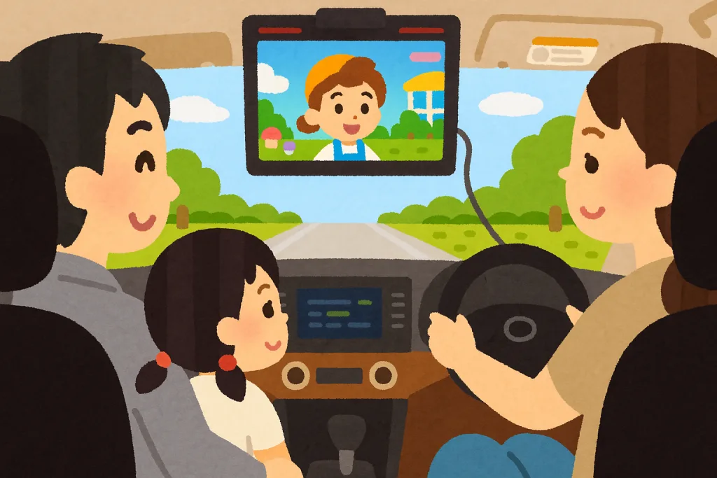 車の座席で、親子がヘッドレストモニターのブルーレイ映画を笑顔で鑑賞している様子。