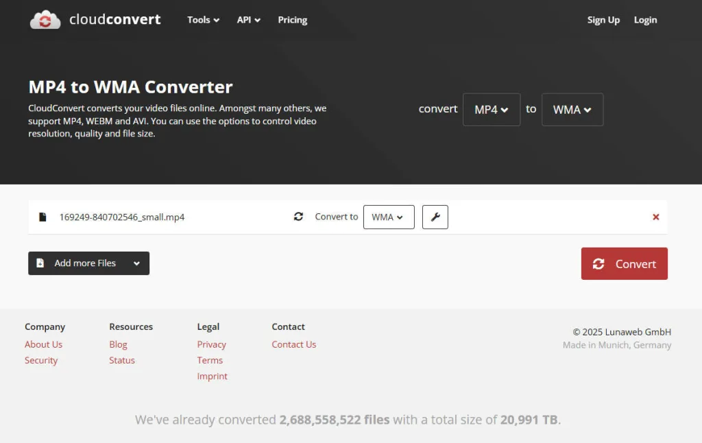 CloudConvertの動画変換インターフェース - ファイル選択と出力形式指定