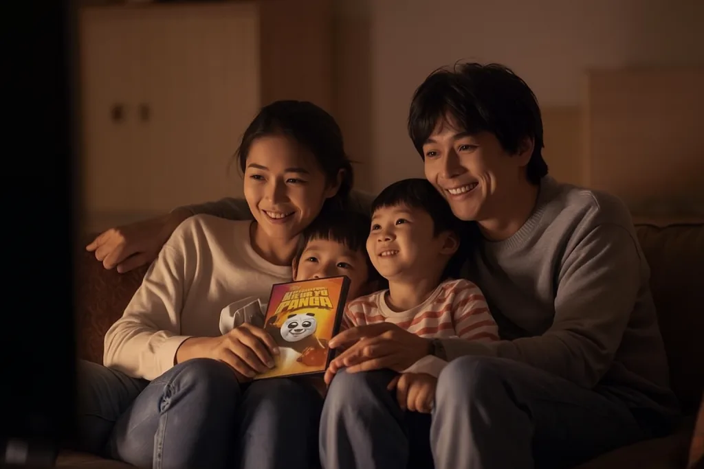 テレビの前で、作成したDVDを手に持って微笑む家族
