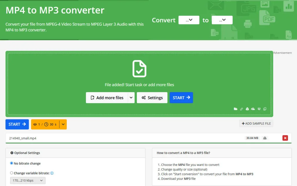 Online-Convertの動画変換インターフェース（英語） - MP4への変換設定画面
