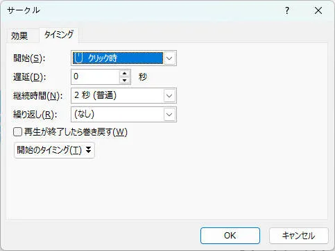 PowerPointアニメーションのタイミング詳細設定ダイアログ
