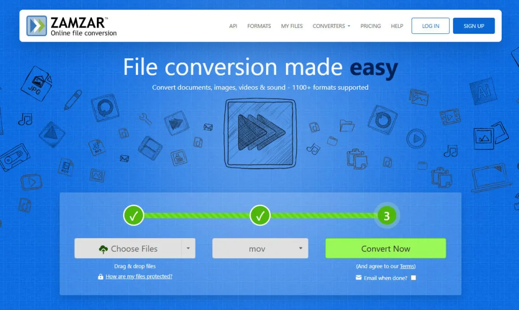 Zamzarの動画変換インターフェース - 簡単3ステップのファイル変換画面