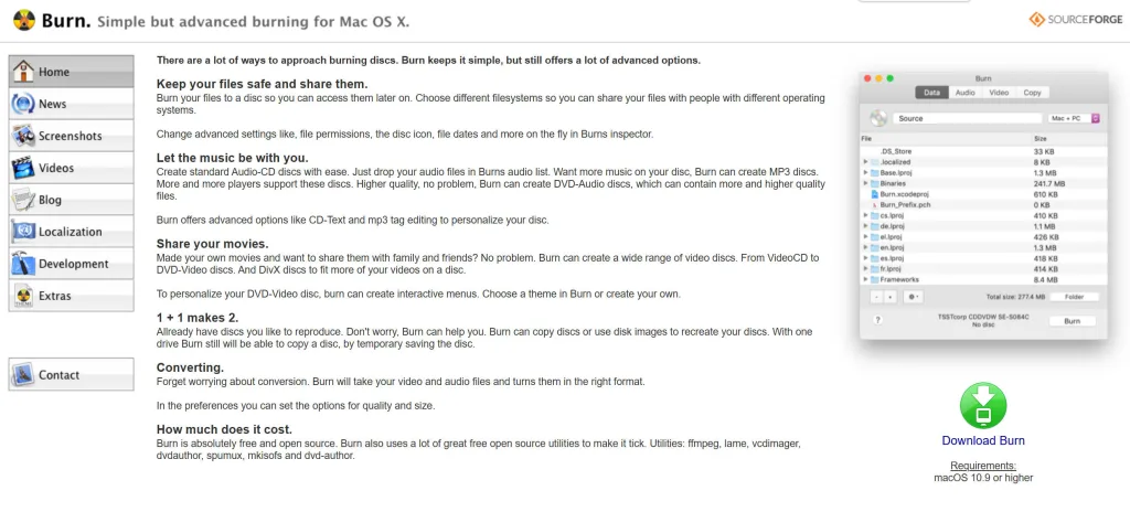 Mac用無料DVD作成ソフト「Burn」の操作画面。「ビデオ」タブでDVD-Videoを作成する様子