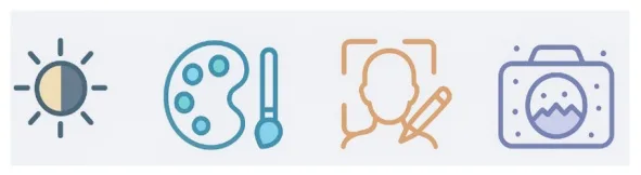 白飛びと黒つぶれ回避・色調整・部分補正・ノイズ対策を表す4つの写真補正アイコン