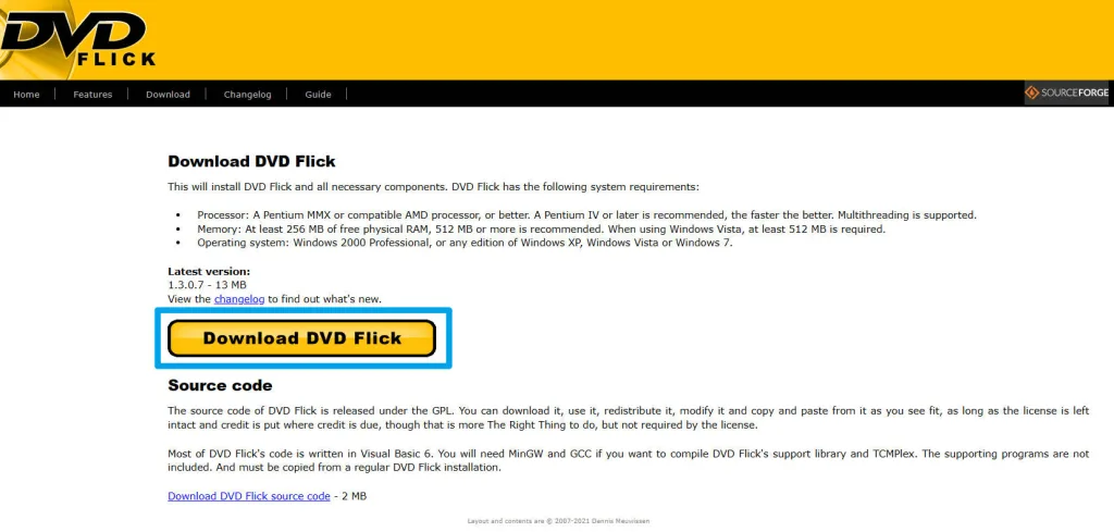 DVD Flick公式サイトのダウンロードページ